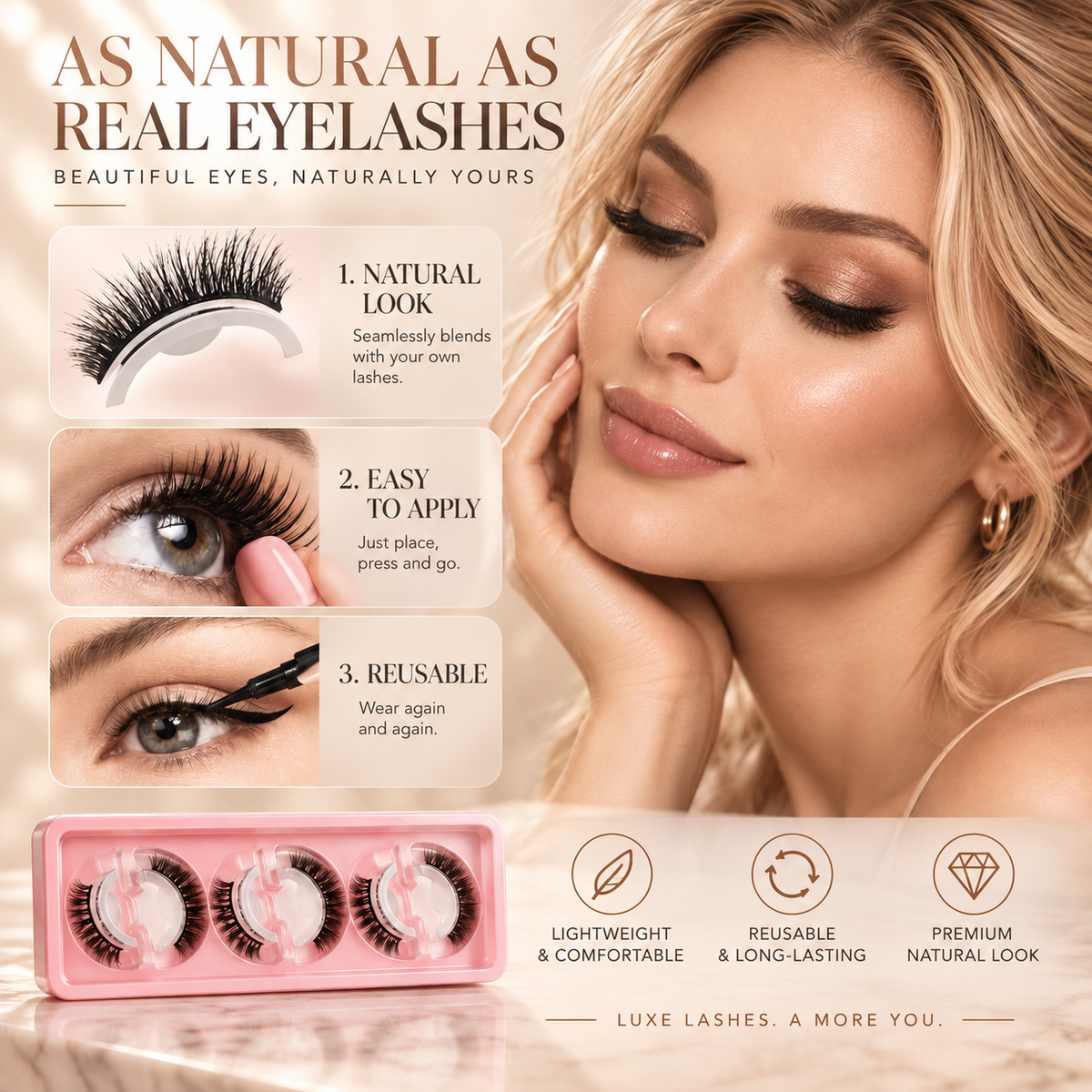 🌺Glue-Free Self-Adhesive Lashes – 3-Second Natural & Reusable