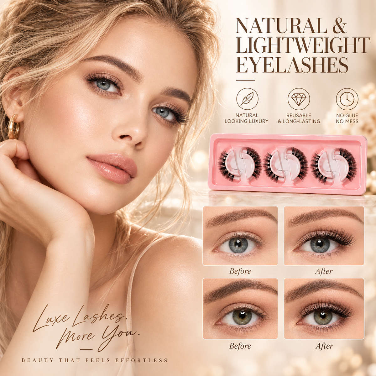 🌺Glue-Free Self-Adhesive Lashes – 3-Second Natural & Reusable