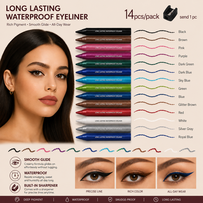 🌈14-Pack Eyeliner Pencil Waterproof Colored Paste Liners with Metallic & Shimmer Finishes Smudge-Proof