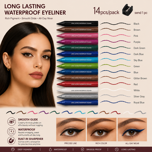 🌈14-Pack Eyeliner Pencil Waterproof Colored Paste Liners with Metallic & Shimmer Finishes Smudge-Proof